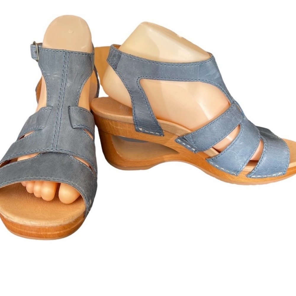 Dansko Blue Leather Strappy Wedge Sandals